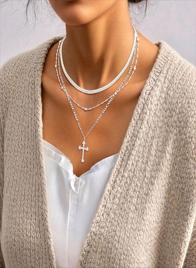 ASCOMY Necklace for Women 14K Silver Plated Layered Necklaces Stackable Layering Twist Rope Choker Herringbone Figaro CZ Cross Necklace Stacking Silver Choker Necklaces Trendy Jewelry Gift for Her - Image 5
